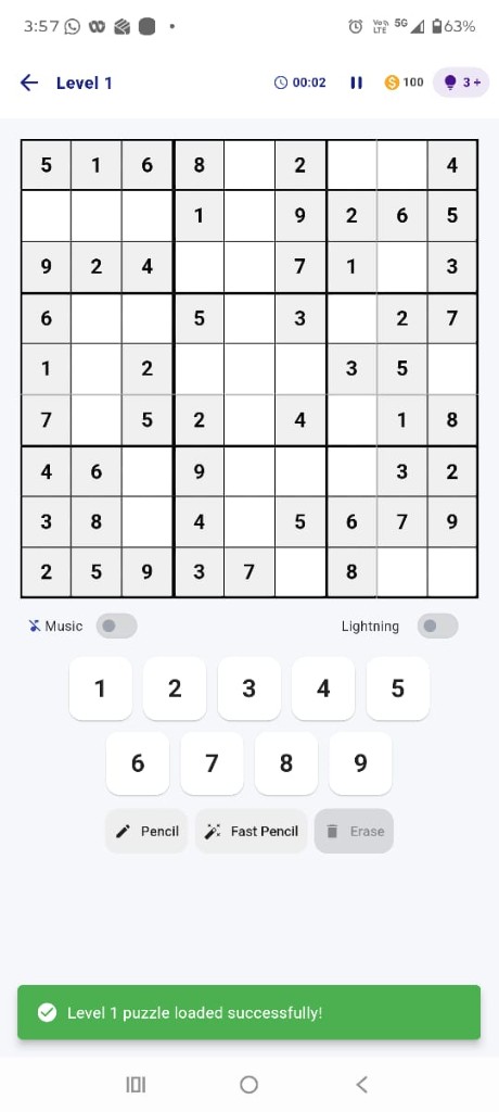Classic 9x9 sudoku gameplay