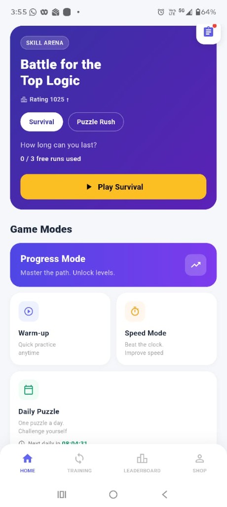 Home screen with Skill Arena banner and game modes
